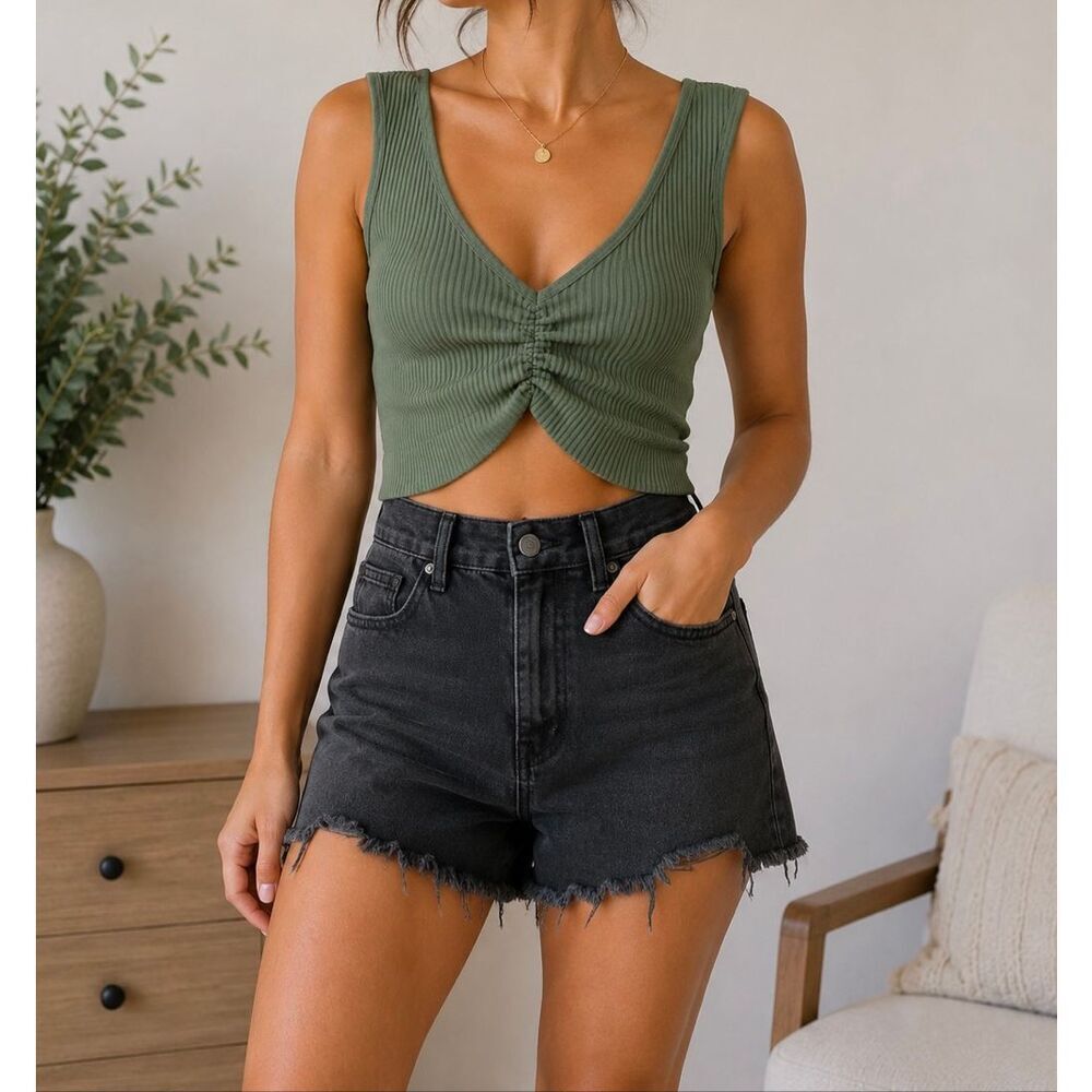 Aerie Ribbed Twist Front Crop Tank Top Olive Green XS Real Good
